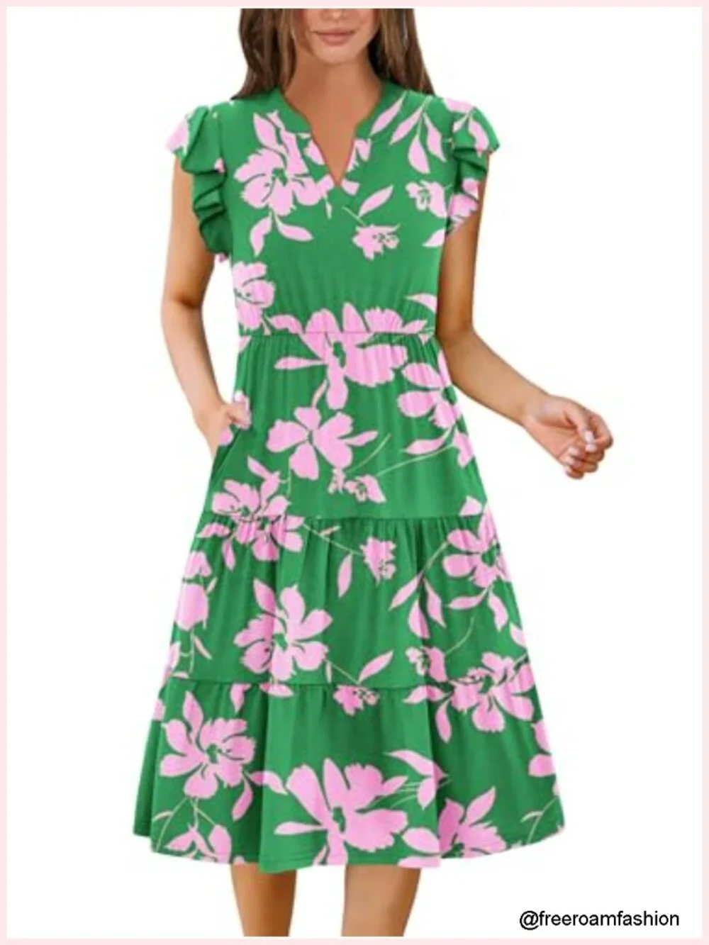 Flowy Midi Dress with Pockets Ruffle Sleeve Boho Sundress